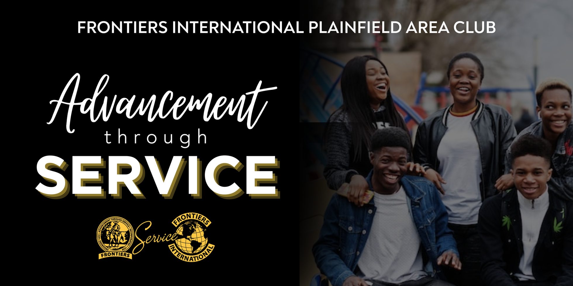 Frontiers International Plainfield Area Club: Advancement through Service, with the Frontiers logo and smiling young people from our community.